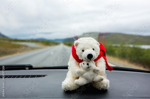 Cute polar bear toy with baby bear, sitting on the front window shield of a car on family holiday