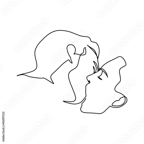 Continuous line of men and women show their love, kiss Valentine's Day Love Thailand vector illustration, hand-drawn lines, simple wedding couples.