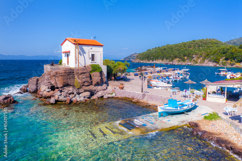 The little church of Panagia gorgona situated on a rock in Skala Sykamias, a picturesque seaside village of Lesvos photo