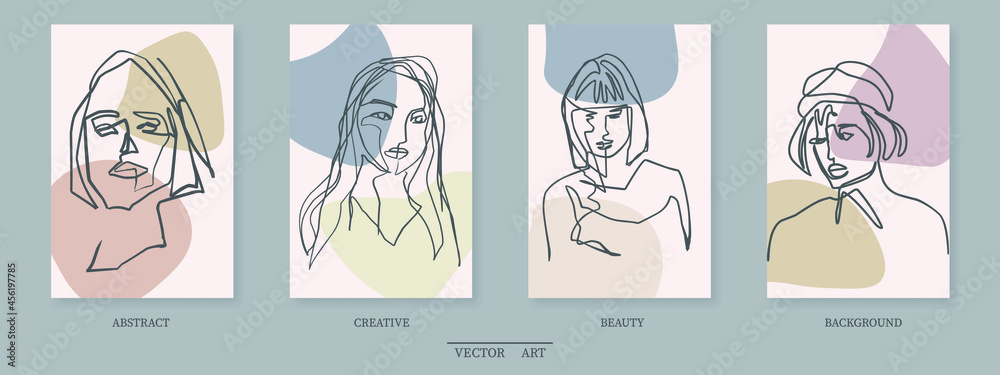 Surreal Faces Continuous line, drawing of set faces and hairstyle, fashion concept, woman beauty minimalist, vector illustration pretty sexy. Contemporary portrait