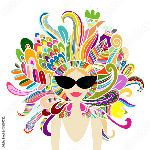 Floral female portrait, pretty woman in sunglasses. Design for fashion cards,...