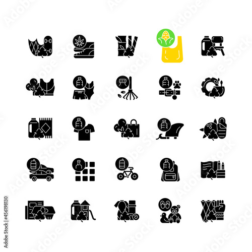 Recycled materials black glyph icons set on white space. Sustainable option. Eco friendly products. Pollution control. Decreasing carbon footprint. Silhouette symbols. Vector isolated illustration