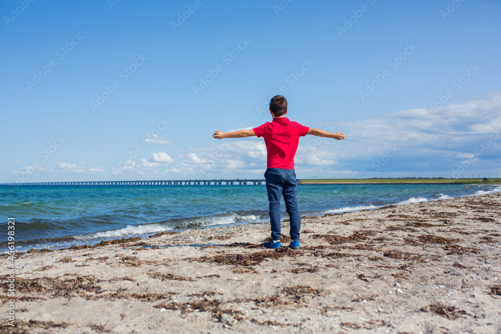 Child, standing on an empty beach in Denmark, enjoying the view, the fresh air and the view