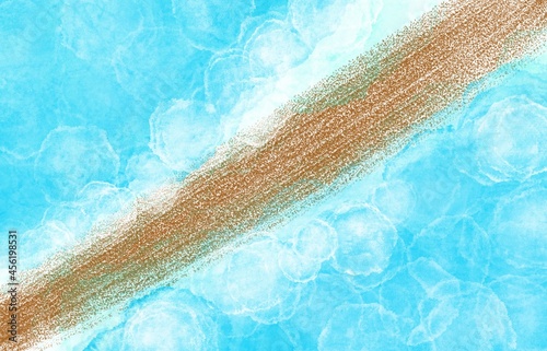 Modern Art. abstract beach. Drops of blue Watercolors and Stripes of Acrylic.