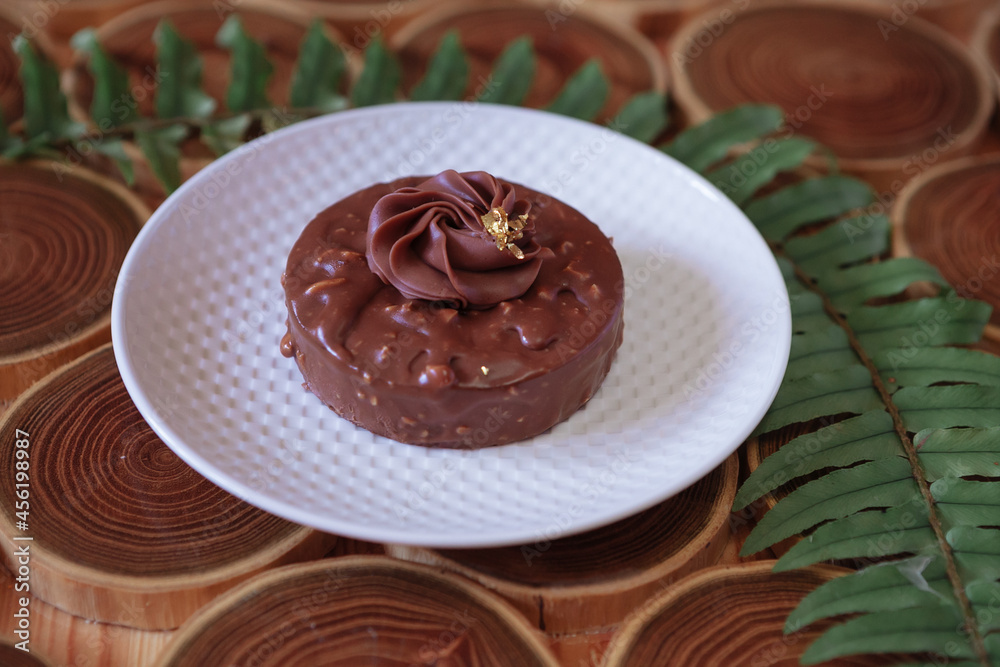 chocolate dessert with filling of caramel, nuts and nougats. The cake is covered with chocolate on a wooded background with a morning natural light
