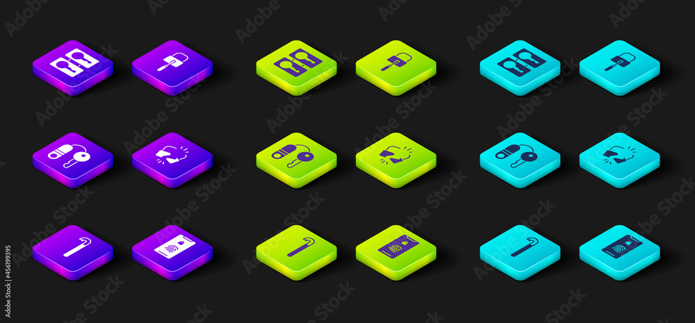 Set Crowbar, Mobile with fingerprint scan, House key, Broken or cracked lock, Lock picks for picking and Casting keys icon. Vector Set Crowbar, Mobile with fingerprint scan, House key, Broken or cracked lock, Lock picks for picking and Casting keys icon. Vector