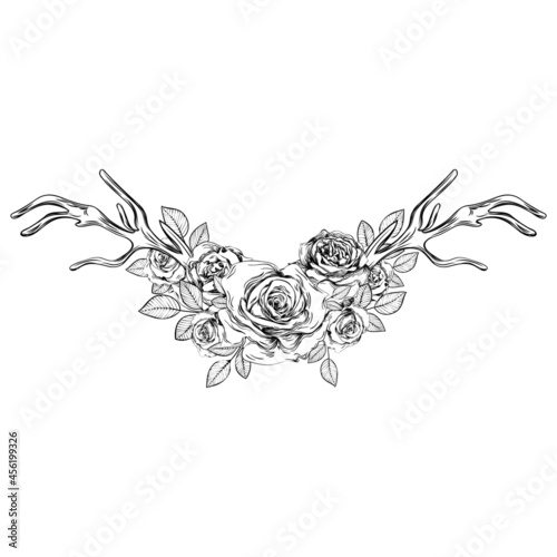 Bouquet of roses and horns. Botanical line art illustration. Sketch. Gothic tattoo.