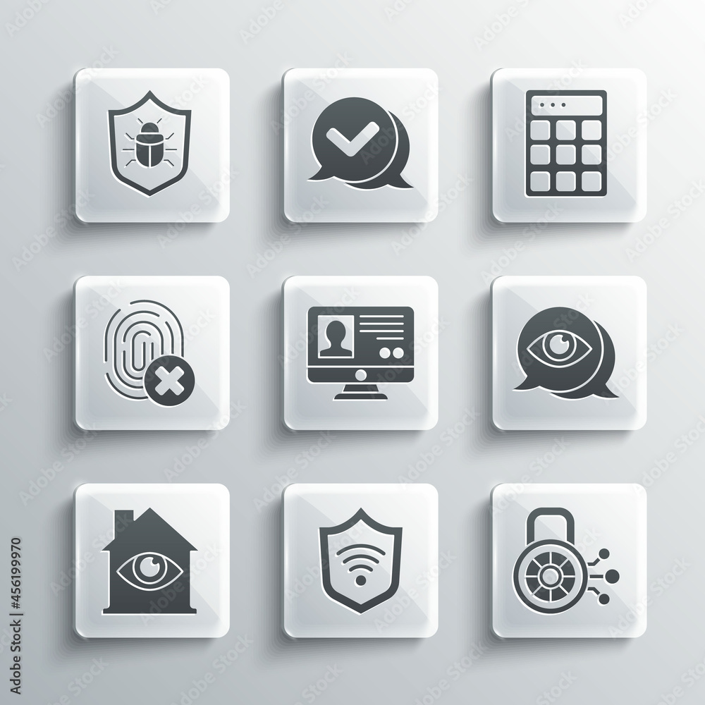 Set Shield with WiFi wireless, Cyber security, Eye scan, Create account screen, House eye, Cancelled fingerprint, System bug and Password protection icon. Vector Set Shield with WiFi wireless, Cyber security, Eye scan, Create account screen, House eye, Cancelled fingerprint, System bug and Password protection icon. Vector