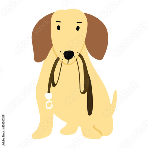 Dachshund hold leash in mouth. Vector hand drawn illustration on white background.