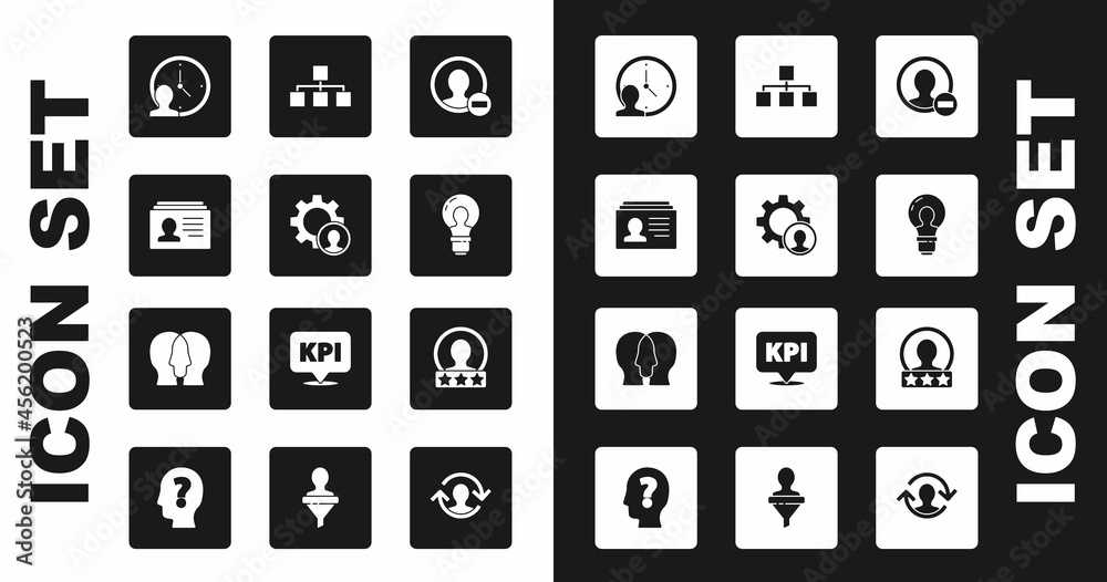 Set Create account screen, Head hunting, Resume, Time Management, with lamp bulb, Hierarchy organogram chart, and Project team base icon. Vector Set Create account screen, Head hunting, Resume, Time Management, with lamp bulb, Hierarchy organogram chart, and Project team base icon. Vector