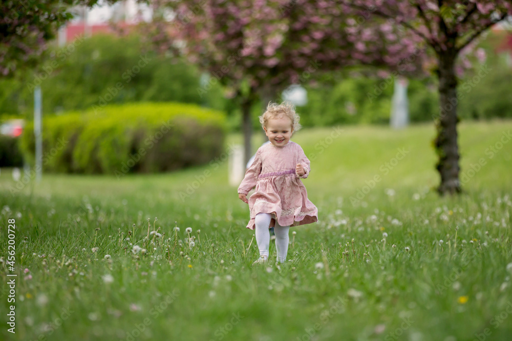Beautiful toddler blond child, cute little girl in vintage rose dress, playing in the park springtime Beautiful toddler blond child, cute little girl in vintage rose dress, playing in the park springtime