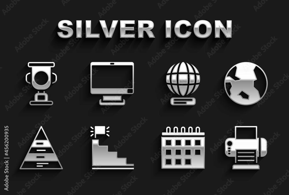 Set Stair with finish flag, Earth globe, Printer, Calendar, Pyramid chart infographics, Worldwide, Award cup and Computer monitor icon. Vector Set Stair with finish flag, Earth globe, Printer, Calendar, Pyramid chart infographics, Worldwide, Award cup and Computer monitor icon. Vector