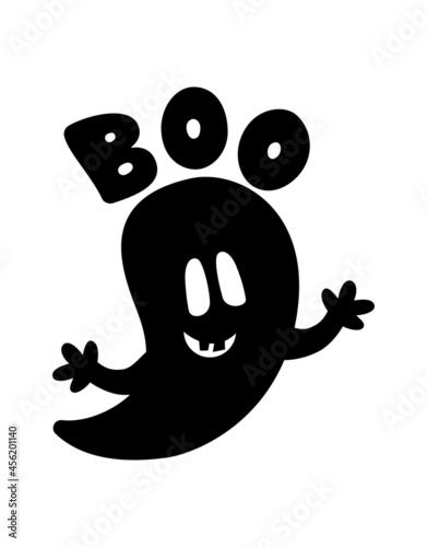 Ghost with word boo. Helloween concept. Silhouette of funny monster. Vector flat illustration. Black color. Template of t shirt print, greeting card, pattern.