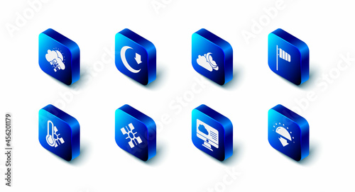 Set Moon, Cloud with moon, Cone windsock wind vane, Sunset, Weather forecast, Snowflake, Meteorology thermometer and snow and sun icon. Vector
