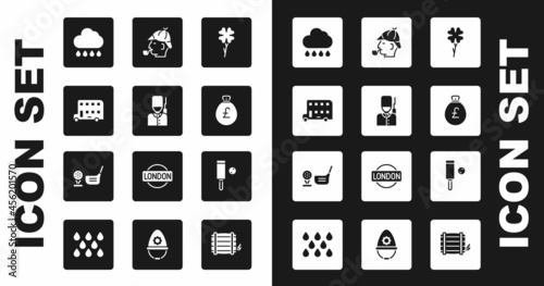 Set Four leaf clover, British soldier, Double decker bus, Cloud with rain, Money bag pound, Sherlock Holmes, Wood cricket bat and ball and Golf club tee icon. Vector
