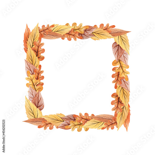 Watercolor hand drawn square frame. Autumn element on white background isolated. Yellow, orange, red, purple leaves.