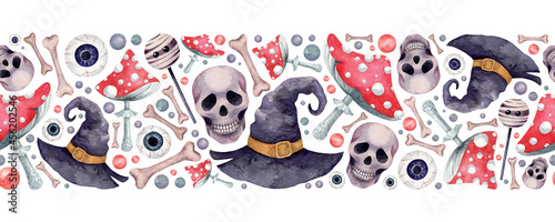Watercolor hand drawn saemless border. Halloween hand drawn endless pattern. Witch hat, skull, mushroom, bones, eyes and another elements. Nice festive halloween border.