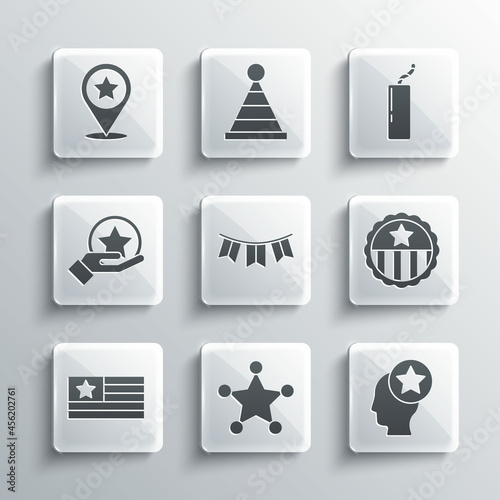 Set Hexagram sheriff, USA Head, Medal with star, Carnival garland flags, American, Independence day, and Dynamite bomb icon. Vector