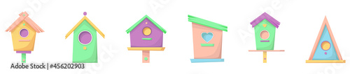 Crafts made of wood and nails. Bird Day. Vector illustration of wooden multicolored birdhouses isolated on a white background. Birdhouse, bird feeder of various shapes. A set of icons.