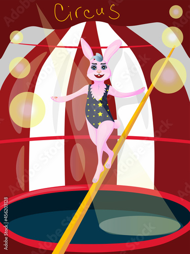 Cartoon character bunny in the circus. A tightrope walker in a circus. Vector illustration