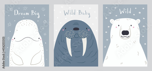 Photo Cute cartoon animals portraits set, beluga whale, walrus, polar bear
