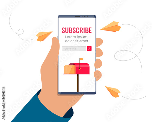 Hand holding smartphone with email subscription form on screen. Mobile subscribe on newsletter or online service. Paper planes with message, mail and news fly to phone. Vector eps illustration