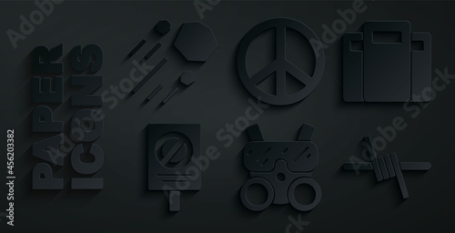 Set Gas mask, Police assault shield, Protest, Barbed wire, Peace and Flying stone icon. Vector