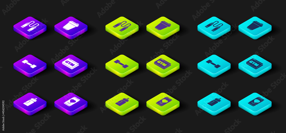 Set Fitness shaker, Mobile with heart rate, Dumbbell, Online fitness and training, and Jump rope icon. Vector Set Fitness shaker, Mobile with heart rate, Dumbbell, Online fitness and training, and Jump rope icon. Vector