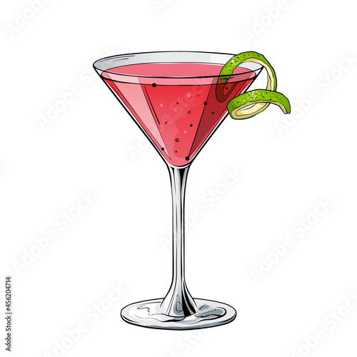 Cosmopolitan cocktail, hand drawn alcohol drink. Vector illustration on white background