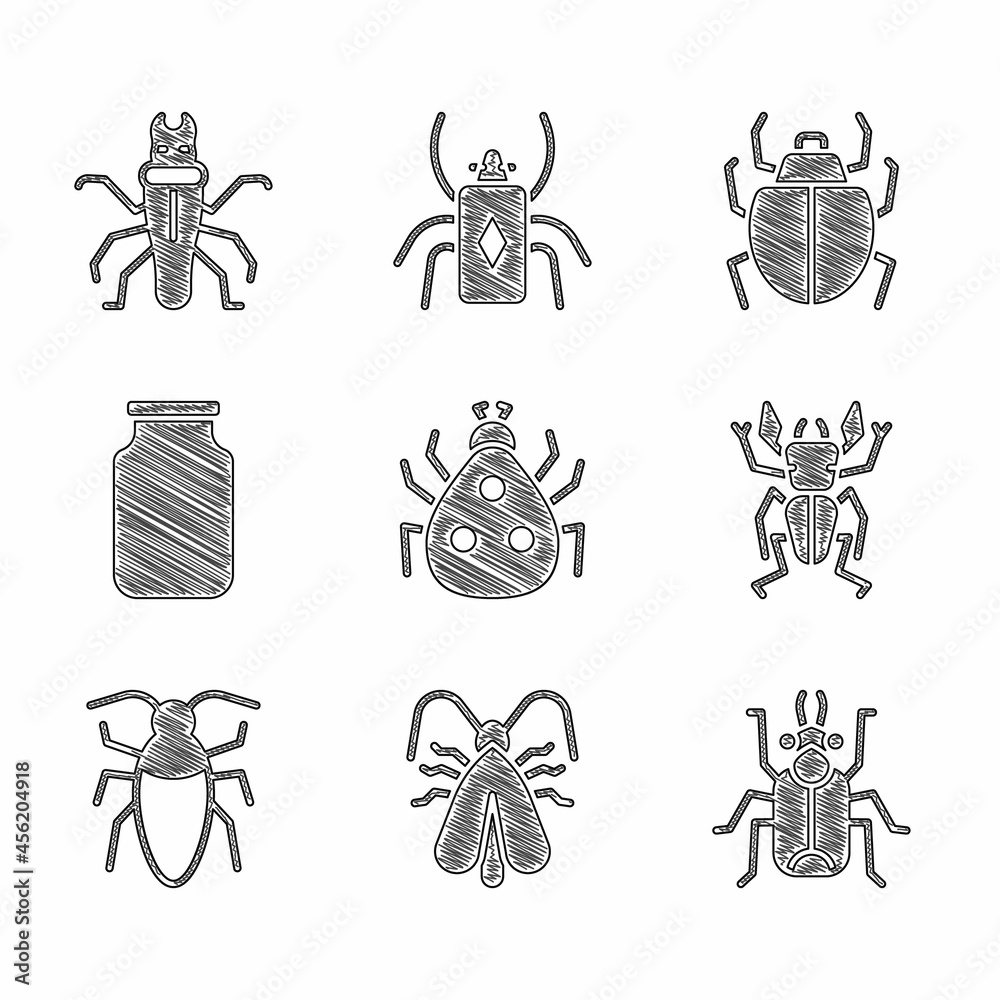 Set Ladybug, Clothes moth, Beetle, deer, Cockroach, Glass jar, Mite and Termite icon. Vector