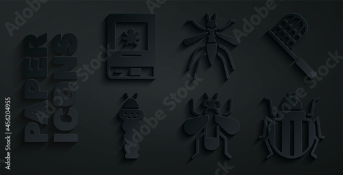 Set Insect fly, Butterfly net, Larva insect, Colorado beetle, Mosquito and Book about icon. Vector
