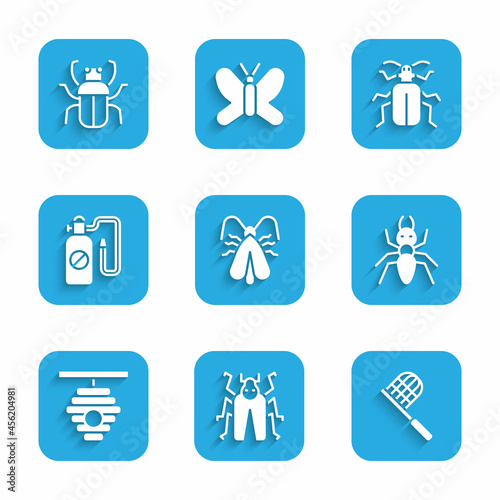 Set Clothes moth, Beetle bug, Butterfly net, Ant, Hive for bees, Pressure sprayer, Chafer beetle and Stink icon. Vector