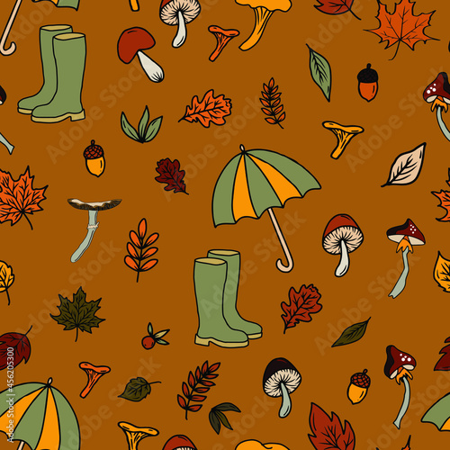 vector seamless pattern mushroom print. Picking up mushrooms in the autumn forest, edible and poisonous mushrooms, leaves and rubber boots of mushroom picker