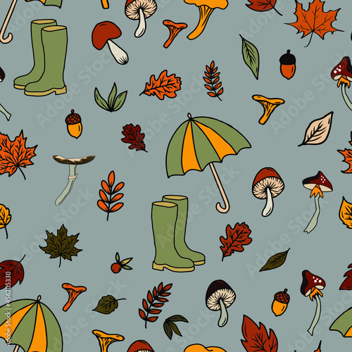 vector seamless pattern mushroom print. Picking up mushrooms in the autumn forest, edible and poisonous mushrooms, leaves and rubber boots of mushroom picker