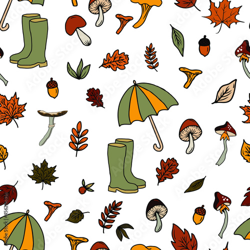 vector seamless pattern mushroom print. Picking up mushrooms in the autumn forest, edible and poisonous mushrooms, leaves and rubber boots of mushroom picker