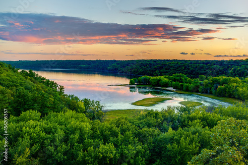 Scenic view overlooking the confluence of the Kinnickinnic and St. Croix rivers and delta at Kinnickinnic State Park in Wisconsin during late summer. 