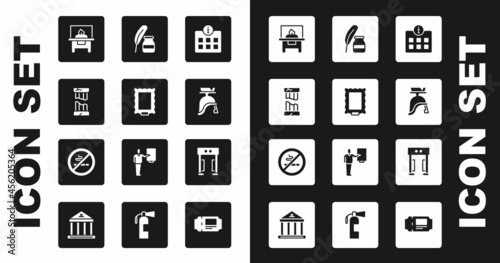 Set Information, Picture, Broken ancient column, Glass showcase exhibit, Roman army helmet, Feather and inkwell, Metal detector and No Smoking icon. Vector