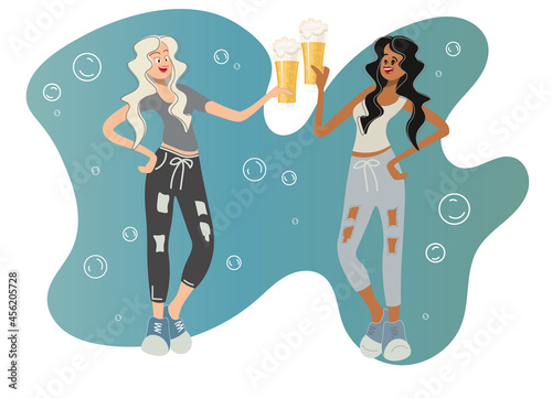Modern freaky girls lead unhealthy lifestyles, drinking beer, clinking glasses. Women celebrate Beer Day or Oktoberfest. Vector comic cartoon illustration for print, postcards, party invitations.