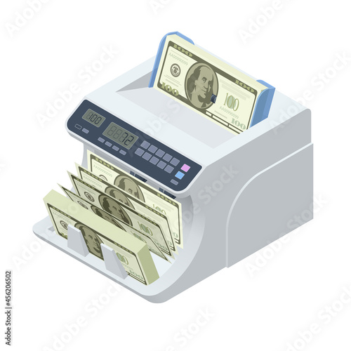Isometric Money Counting Machine. LED Display Shows the Count of the Bills. Digital Electronic Money Counter Currency Counting Machines with Automatic Fake Note Detection. Large Amounts of Money