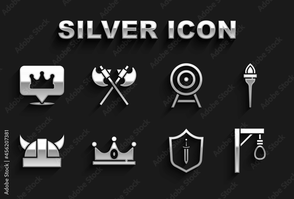 Set King crown, Torch flame, Gallows, Medieval shield with sword, Viking horned helmet, Target arrow, Location and Crossed medieval axes icon. Vector Set King crown, Torch flame, Gallows, Medieval shield with sword, Viking horned helmet, Target arrow, Location and Crossed medieval axes icon. Vector