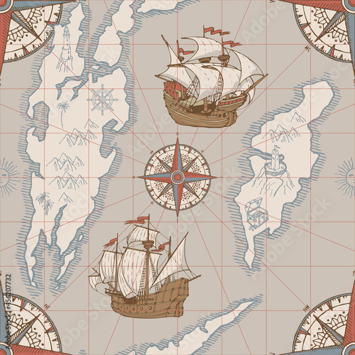 Vector hand-drawn seamless pattern on the theme of travel, adventure and discovery. Repeating background with old map, islands, pirate frigates, vintage sailing yachts and wind roses in retro style