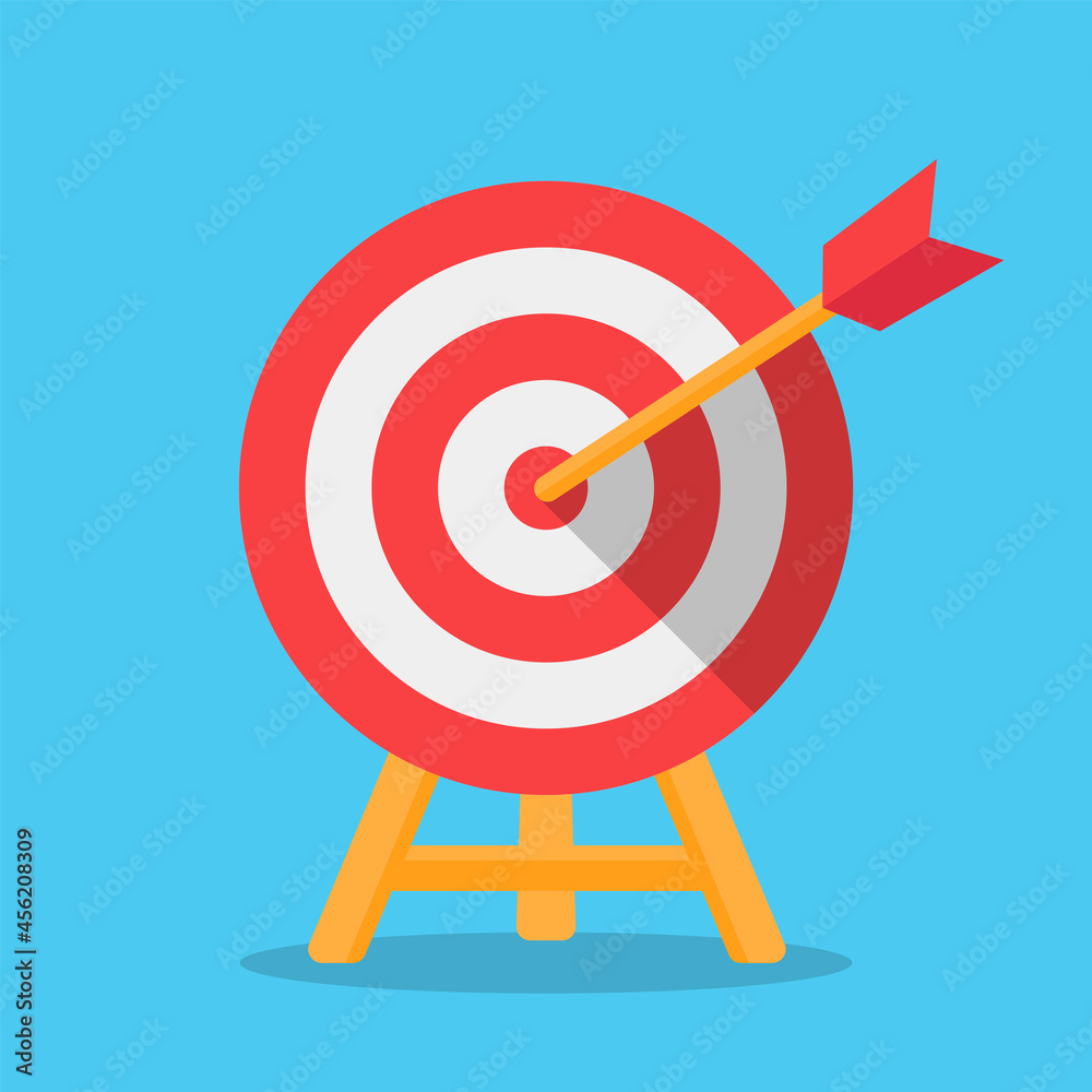 Target with arrow flat vector icon. Goal achievement concept for business or sport game. Dartboard strategy sign isolated on color background. Vector illustration. Target with arrow flat vector icon. Goal achievement concept for business or sport game. Dartboard strategy sign isolated on color background. Vector illustration.