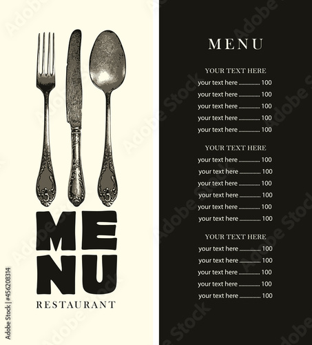 Vector menu with a price list and a cover decorated with an antique cutlery on a black-white background. Menu design with old beautiful silverware for a restaurant with fine cuisine