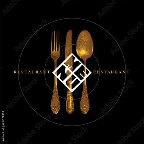 Vector template of a restaurant menu with a vintage fork, knife and spoon in gold color on a black background. Decorative banner with old cutlery and inscriptions in retro style