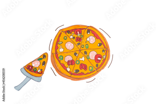 colorful drawing love pizza. Child's drawing of pizza on a white background isolade. photo