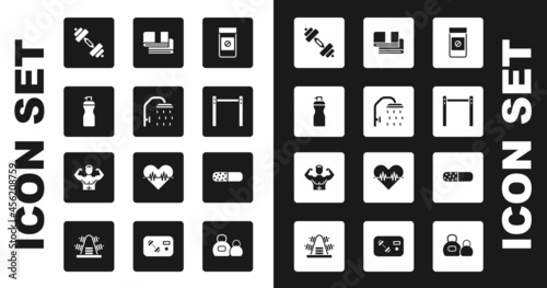 Set Anabolic drugs, Shower head, Fitness shaker, Dumbbell, Horizontal bar, Towel stack, Vitamin pill and Bodybuilder muscle icon. Vector