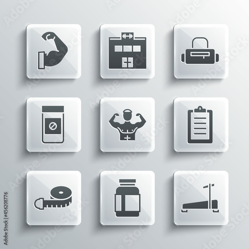 Set Sports nutrition, Treadmill machine, training program, Bodybuilder muscle, Tape measure, Anabolic drugs, and bag icon. Vector