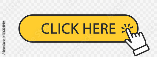 Click here yellow  button with hand cursor. Click hand pointer clicking. Click here banner with shadow. Vector illustration.