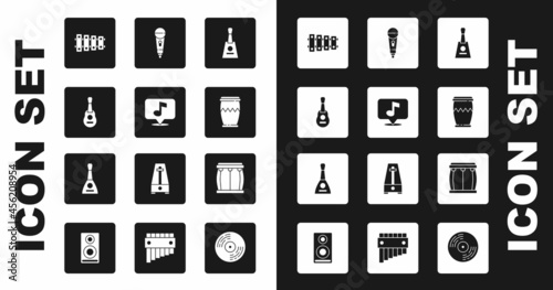 Set Balalaika, Musical note, Guitar, Xylophone, Drum, Microphone, and icon. Vector