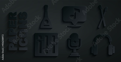 Set Microphone, Drum sticks, Sound mixer controller, Headphones, Musical note and Balalaika icon. Vector